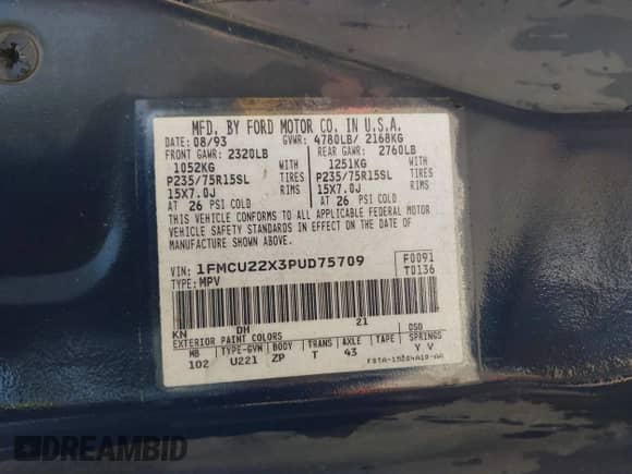 1993 Ford Explorer Eddie Bauer z VIN 1FMCU22X3PUD75709, wystawiony jako IAAI lot #42687329 z przebiegiem 247 027 mil mil oraz . Historia ofert i sprzedaży dostępna na DreamBid. Obrazek 9.