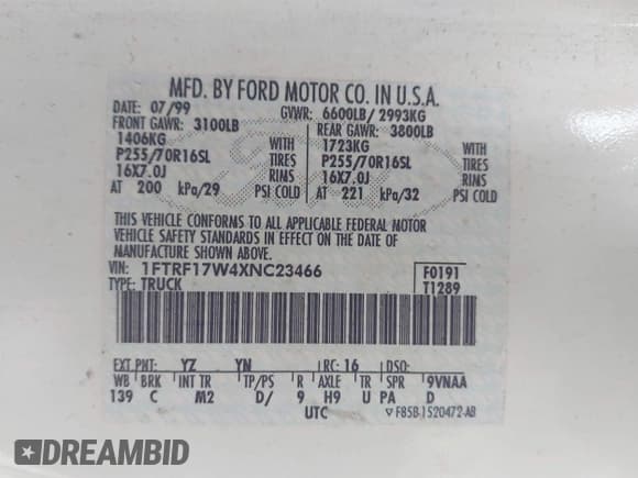 ✅ 1999 Ford F-150 • VIN: 1FTRF17W4XNC23466 • Lot: 43659643. Listed on IAAI with 183,025 mi. Free auction sales archive from the USA and detailed vehicle history report at DreamBid. Image 9.