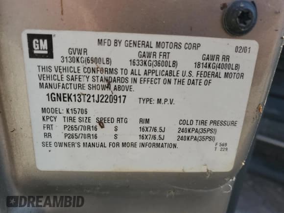 ✅ 2001 Chevrolet Tahoe LS • VIN: 1GNEK13T21J220917 • Lot: 62087995. Listed on Copart with 200,325 mi. Free auction sales archive from the USA and detailed vehicle history report at DreamBid. Image 13.