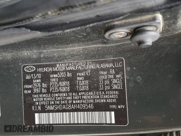 2010 Hyundai Santa Fe SE с VIN 5NMSHDAG8AH409546, выставлен на аукционе Copart как лот 70662514 с пробегом 205 169 миль миль и Чистый • Clean title. История ставок и продаж доступна на DreamBid. Изображение 13.