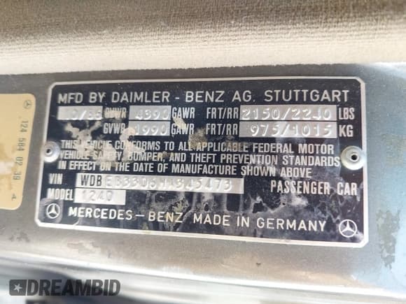 ✅ 1987 Mercedes-Benz 300 D • VIN: WDBEB33D6HA345473 • Lot: 42673109. Listed on IAAI with 242,350 mi. Free auction sales archive from the USA and detailed vehicle history report at DreamBid. Image 9.