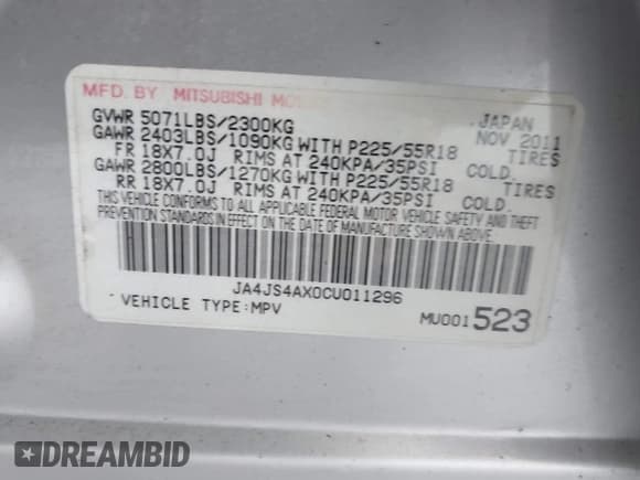 ✅ 2012 Mitsubishi Outlander GT • VIN: JA4JS4AX0CU011296 • Lot: 43772325. Listed on IAAI with 151,452 mi. Free auction sales archive from the USA and detailed vehicle history report at DreamBid. Image 9.