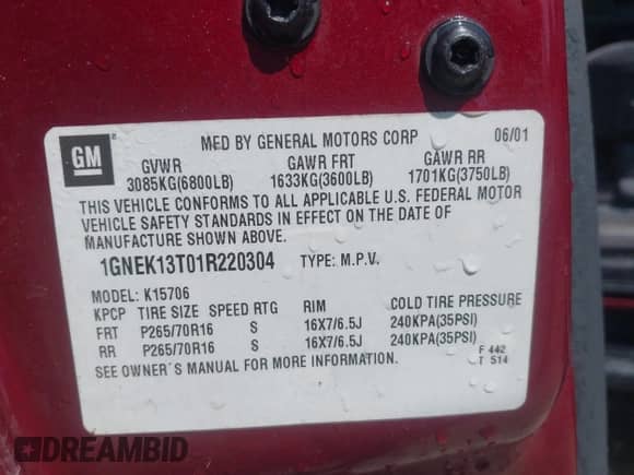 2001 Chevrolet Tahoe LT z VIN 1GNEK13T01R220304, wystawiony jako IAAI lot #42322561 z przebiegiem 139 197 mil mil oraz . Historia ofert i sprzedaży dostępna na DreamBid. Obrazek 9.