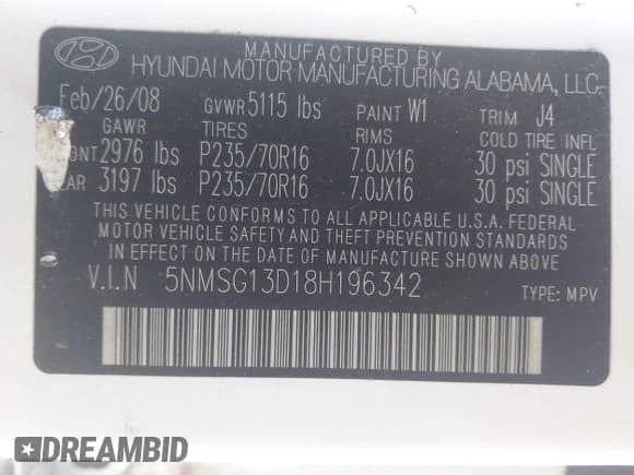 ✅ 2008 Hyundai Santa Fe GLS • VIN: 5NMSG13D18H196342 • Lot: 43711870. Listed on IAAI with 230,133 mi. Free auction sales archive from the USA and detailed vehicle history report at DreamBid. Image 9.