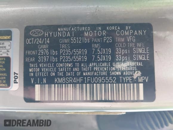 ✅ 2015 Hyundai Santa Fe GLS • VIN: KM8SR4HF1FU095552 • Лот: 43163399. Опубликован ранее на IAAI с пробегом 125 784 миль. Бесплатный доступ к архиву аукционных продаж из США и подробный отчёт об истории автомобиля на DreamBid. Изображение 9.