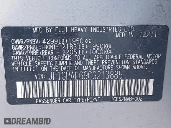 ✅ 2012 Subaru Impreza Special Sports Premium • VIN: JF1GPAL69CG213885 • Lot: 41943248. Listed on IAAI with 115,799 mi. Free auction sales archive from the USA and detailed vehicle history report at DreamBid. Image 9.