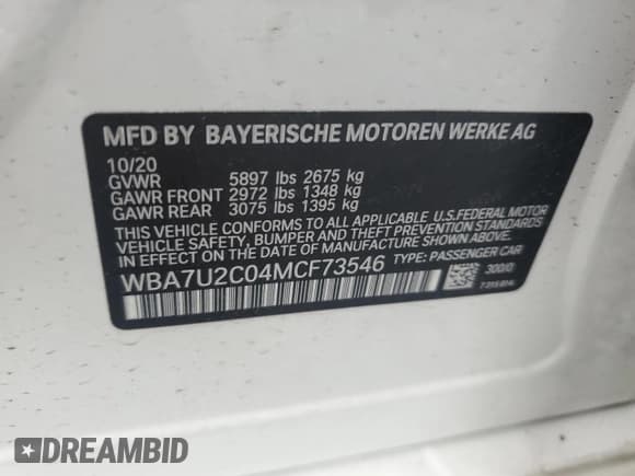 ✅ 2021 BMW 7 Series 750i xDrive • VIN: WBA7U2C04MCF73546 • Lot: 62587275. Listed on Copart with 34,396 mi. Free auction sales archive from the USA and detailed vehicle history report at DreamBid. Image 12.