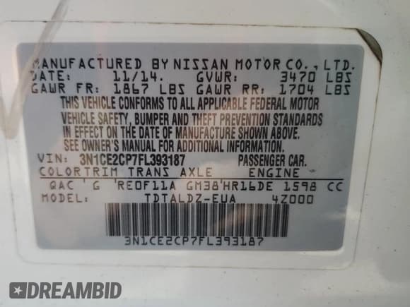 ✅ 2015 Nissan Note SV • VIN: 3N1CE2CP7FL393187 • Lot: 70832705. Listed on Copart with 146,333 mi. Free auction sales archive from the USA and detailed vehicle history report at DreamBid. Image 12.