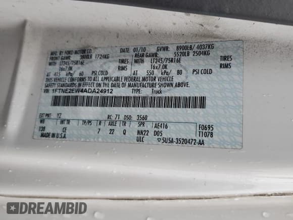 ✅ 2010 Ford Econoline Cargo Commercial • VIN: 1FTNE2EW4ADA24912 • Lot: 49741184. Listed on Copart with 508,798 mi. Free auction sales archive from the USA and detailed vehicle history report at DreamBid. Image 13.