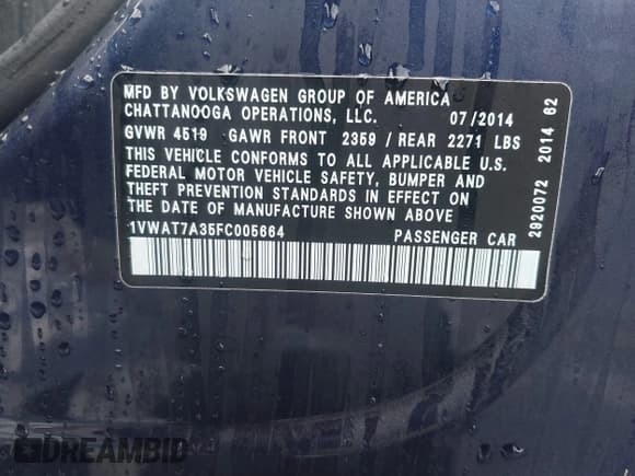 ✅ 2015 Volkswagen Passat S • VIN: 1VWAT7A35FC005664 • Lot: 43368570. Listed on IAAI with 180,494 mi. Free auction sales archive from the USA and detailed vehicle history report at DreamBid. Image 9.