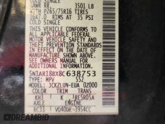 ✅ 2008 Nissan Pathfinder SE • VIN: 5N1AR18BX8C638753 • Lot: 82656375. Listed on Copart with 230,963 mi. Free auction sales archive from the USA and detailed vehicle history report at DreamBid. Image 14.