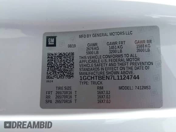 2020 Chevrolet Colorado 4WD Work Truck with VIN 1GCHTBEN7L1124744, listed as a IAAI auction lot 42755629 with 132,704 mi miles and . Bid and sale history available at DreamBid. Image 9.