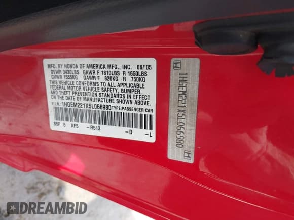 ✅ 2005 Honda Civic VP • VIN: 1HGEM221X5L066980 • Lot: 42097317. Wystawiony na IAAI z przebiegiem 247 593 mil. Bezpłatny archiwum sprzedaży aukcyjnych z USA i szczegółowy raport historii pojazdu na DreamBid. Zdjęcie 9.