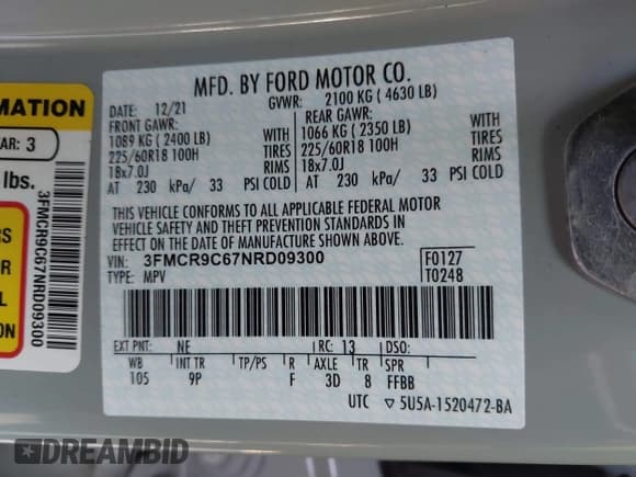 ✅ 2022 Ford Bronco Sport Outer Banks • VIN: 3FMCR9C67NRD09300 • Lot: 43356672. Listed on IAAI with 46,527 mi. Free auction sales archive from the USA and detailed vehicle history report at DreamBid. Image 9.