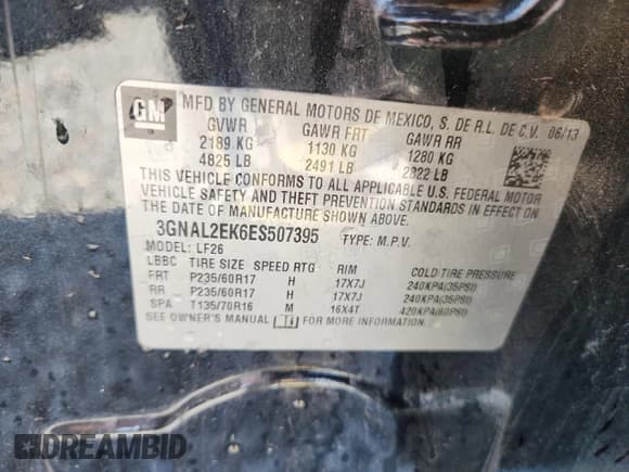 ✅ 2014 Chevrolet Captiva Sport LS • VIN: 3GNAL2EK6ES507395 • Лот: 85113835. Опубликован ранее на Copart с пробегом 100 875 миль. Бесплатный доступ к архиву аукционных продаж из США и подробный отчёт об истории автомобиля на DreamBid. Изображение 13.