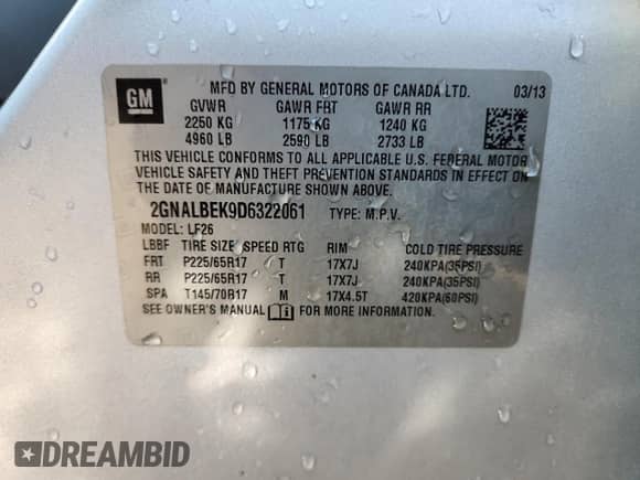 2013 Chevrolet Equinox LS z VIN 2GNALBEK9D6322061, wystawiony jako Copart lot #81141065 z przebiegiem 106 072 mil mil oraz Szkoda całkowita • Salvage title. Historia ofert i sprzedaży dostępna na DreamBid. Obrazek 13.