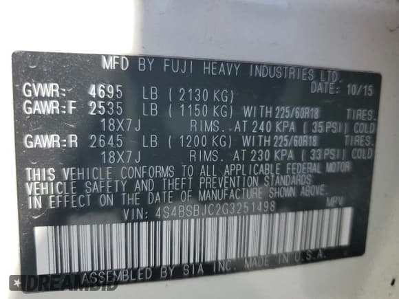 ✅ 2016 Subaru Outback Limited • VIN: 4S4BSBJC2G3251498 • Лот: 82288415. Опубликован ранее на Copart с пробегом 185 544 миль. Бесплатный доступ к архиву аукционных продаж из США и подробный отчёт об истории автомобиля на DreamBid. Изображение 13.