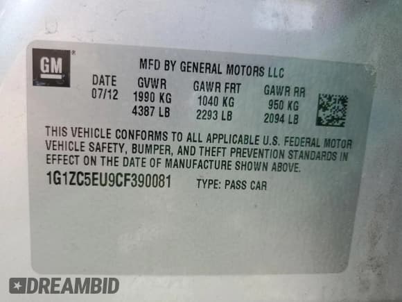 ✅ 2012 Chevrolet Malibu 1LT • VIN: 1G1ZC5EU9CF390081 • Lot: 56527724. Listed on Copart with 93,270 mi. Free auction sales archive from the USA and detailed vehicle history report at DreamBid. Image 13.