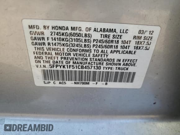 ✅ 2012 Honda Ridgeline RTL • VIN: 5FPYK1F51CB457130 • Лот: 71164545. Опубликован ранее на Copart с пробегом 157 824 миль. Бесплатный доступ к архиву аукционных продаж из США и подробный отчёт об истории автомобиля на DreamBid. Изображение 12.