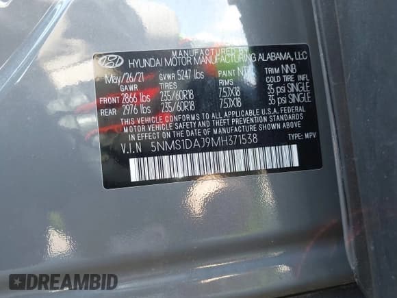 ✅ 2021 Hyundai Santa Fe SE • VIN: 5NMS1DAJ9MH371538 • Lot: 42288385. Listed on IAAI with 30,457 mi. Free auction sales archive from the USA and detailed vehicle history report at DreamBid. Image 9.