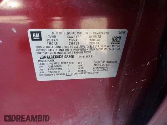 ✅ 2016 Chevrolet Equinox LT • VIN: 2GNALCEK8G6133296 • Лот: 84542485. Опубликован ранее на Copart с пробегом Не указан. Бесплатный доступ к архиву аукционных продаж из США и подробный отчёт об истории автомобиля на DreamBid. Изображение 12.