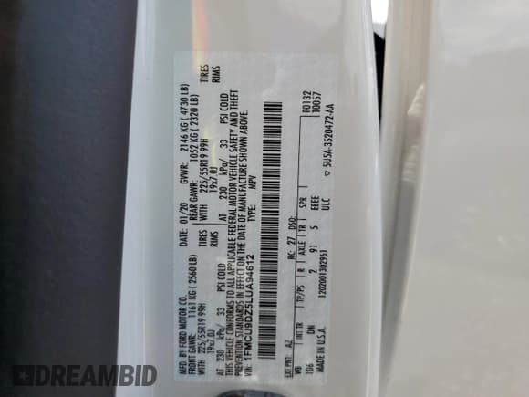 ✅ 2020 Ford Escape Titanium Hybrid • VIN: 1FMCU9DZ5LUA94612 • Лот: 70370925. Опубликован ранее на Copart с пробегом Не указан. Бесплатный доступ к архиву аукционных продаж из США и подробный отчёт об истории автомобиля на DreamBid. Изображение 13.