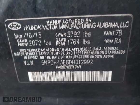 ✅ 2013 Hyundai Elantra Limited • VIN: 5NPDH4AE8DH312992 • Lot: 43773993. Listed on IAAI with 107,849 mi. Free auction sales archive from the USA and detailed vehicle history report at DreamBid. Image 8.