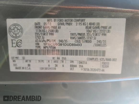 ✅ 2013 Ford Escape SE • VIN: 1FMCU9G91DUD89493 • Lot: 81300015. Listed on Copart with 148,205 mi. Free auction sales archive from the USA and detailed vehicle history report at DreamBid. Image 13.