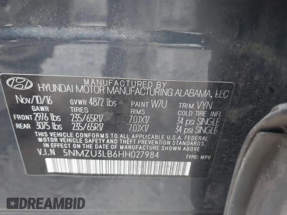 ✅ 2017 Hyundai Santa Fe 2.4L • VIN: 5NMZU3LB6HH027984 • Lot: 43505016. Listed on IAAI with 138,308 mi. Free auction sales archive from the USA and detailed vehicle history report at DreamBid. Image 9.