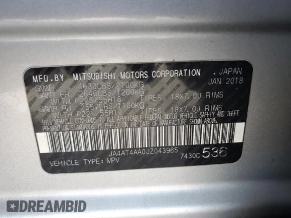 ✅ 2018 Mitsubishi Eclipse Cross LE • VIN: JA4AT4AA0JZ043965 • Lot: 56483905. Listed on Copart with 132,226 mi. Free auction sales archive from the USA and detailed vehicle history report at DreamBid. Image 13.