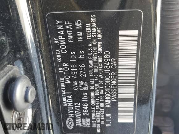 2012 Hyundai Genesis 3.8L z VIN KMHGC4DD8CU184980, wystawiony jako Copart lot #77123134 z przebiegiem 171 910 mil mil oraz Szkoda całkowita • Salvage title. Historia ofert i sprzedaży dostępna na DreamBid. Obrazek 12.