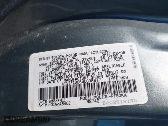 ✅ 1998 Toyota Sienna LE • VIN: 4T3ZF13C8WU038677 • Lot: 42813072. Listed on IAAI with 262,588 mi. Free auction sales archive from the USA and detailed vehicle history report at DreamBid. Image 9.