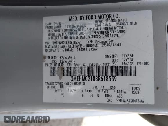 ✅ 2008 Mercury Milan Premier • VIN: 3MEHM02188R618559 • Lot: 41912520. Listed on IAAI with 98,091 mi. Free auction sales archive from the USA and detailed vehicle history report at DreamBid. Image 9.