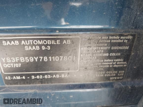 ✅ 2008 Saab 9-3 SportCombi • VIN: YS3FB59Y781107801 • Lot: 42772730. Wystawiony na IAAI z przebiegiem 112 873 mil. Bezpłatny archiwum sprzedaży aukcyjnych z USA i szczegółowy raport historii pojazdu na DreamBid. Zdjęcie 9.