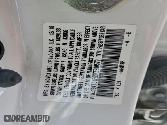 ✅ 2019 Honda Civic Touring • VIN: 19XFC1F96KE200579 • Лот: 93822055. Опубликован ранее на Copart с пробегом 101 810 миль. Бесплатный доступ к архиву аукционных продаж из США и подробный отчёт об истории автомобиля на DreamBid. Изображение 12.