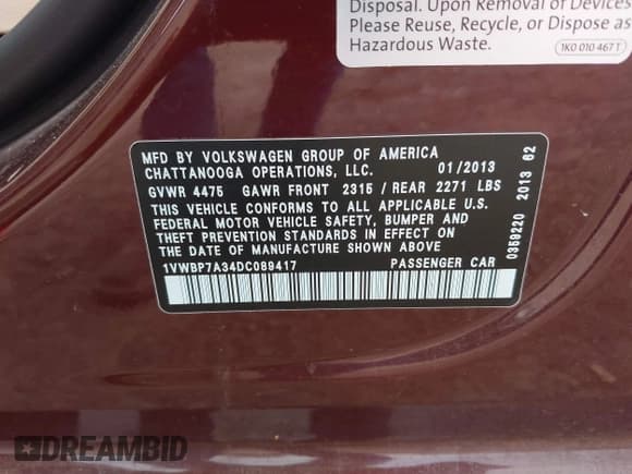 ✅ 2013 Volkswagen Passat SE • VIN: 1VWBP7A34DC089417 • Лот: 41818550. Опубликован ранее на IAAI с пробегом 131 698 миль. Бесплатный доступ к архиву аукционных продаж из США и подробный отчёт об истории автомобиля на DreamBid. Изображение 9.