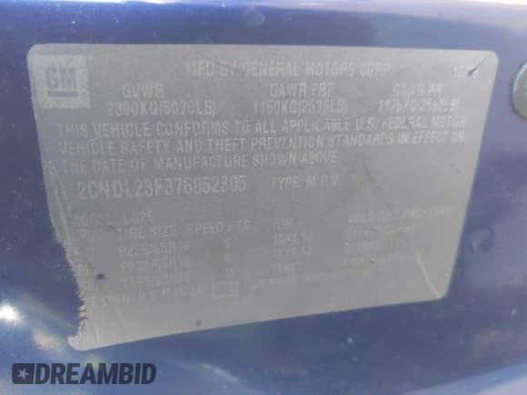 ✅ 2007 Chevrolet Equinox LS • VIN: 2CNDL23F376052305 • Lot: 43615758. Wystawiony na IAAI z przebiegiem 203 623 mil. Bezpłatny archiwum sprzedaży aukcyjnych z USA i szczegółowy raport historii pojazdu na DreamBid. Zdjęcie 9.