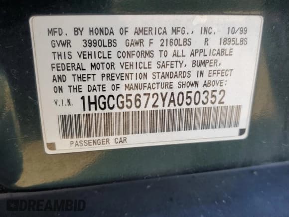 ✅ 2000 Honda Accord SE • VIN: 1HGCG5672YA050352 • Lot: 67278285. Listed on Copart with 197,925 mi. Free auction sales archive from the USA and detailed vehicle history report at DreamBid. Image 12.