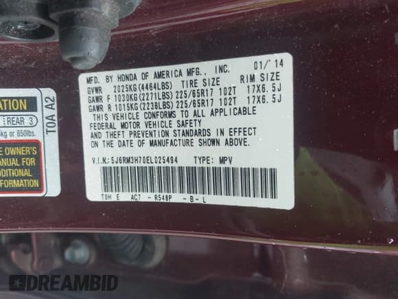 ✅ 2014 Honda CR-V EX-L • VIN: 5J6RM3H70EL025494 • Lot: 42952462. Listed on IAAI with 229,883 mi. Free auction sales archive from the USA and detailed vehicle history report at DreamBid. Image 9.