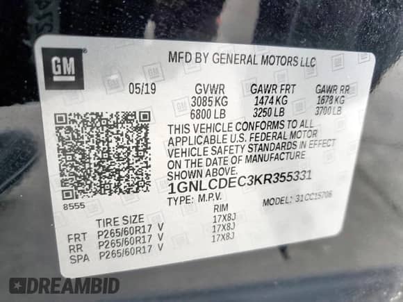 2019 Chevrolet Tahoe Commercial с VIN 1GNLCDEC3KR355331, выставлен на аукционе Copart как лот 52971695 с пробегом Не указан миль и Списание • Salvage title. История ставок и продаж доступна на DreamBid. Изображение 13.