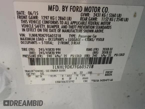 ✅ 2015 Lincoln MKS • VIN: 1LNHL9DK7FG605218 • Лот: 50882695. Опубликован ранее на Copart с пробегом 160 907 миль. Бесплатный доступ к архиву аукционных продаж из США и подробный отчёт об истории автомобиля на DreamBid. Изображение 14.