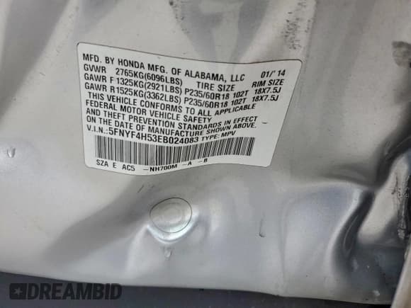 ✅ 2014 Honda Pilot EX-L • VIN: 5FNYF4H53EB024083 • Lot: 94814505. Listed on Copart with 109,364 mi. Free auction sales archive from the USA and detailed vehicle history report at DreamBid. Image 13.