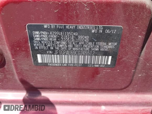 ✅ 2012 Subaru Impreza Special Sports Premium • VIN: JF1GPAL69CG245512 • Lot: 42677272. Listed on IAAI with 149,303 mi. Free auction sales archive from the USA and detailed vehicle history report at DreamBid. Image 9.