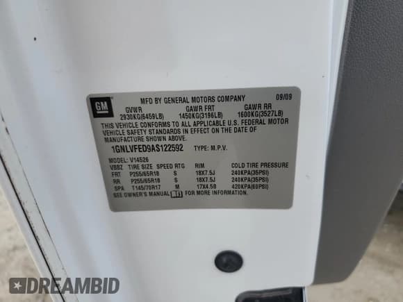 ✅ 2010 Chevrolet Traverse 1LT • VIN: 1GNLVFED9AS122592 • Lot: 67750164. Wystawiony na Copart z przebiegiem 143 682 mil. Bezpłatny archiwum sprzedaży aukcyjnych z USA i szczegółowy raport historii pojazdu na DreamBid. Zdjęcie 12.