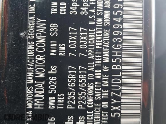 ✅ 2017 Hyundai Santa Fe 2.4L • VIN: 5XYZUDLB5HG399459 • Lot: 90931255. Listed on Copart with 148,903 mi. Free auction sales archive from the USA and detailed vehicle history report at DreamBid. Image 13.