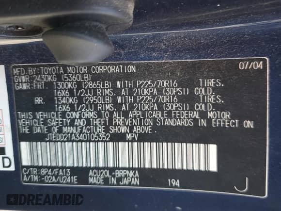 2004 Toyota Highlander с VIN JTEDD21A340105352, выставлен на аукционе Copart как лот 71304245 с пробегом 240 030 миль миль и Чистый • Clean title. История ставок и продаж доступна на DreamBid. Изображение 13.