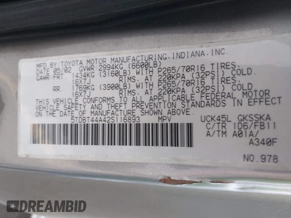 ✅ 2002 Toyota Sequoia SR5 • VIN: 5TDBT44A42S116893 • Lot: 42587836. Listed on IAAI with 329,597 mi. Free auction sales archive from the USA and detailed vehicle history report at DreamBid. Image 9.