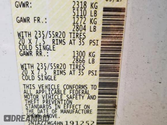 2017 Nissan Murano SL with VIN 5N1AZ2MG4HN191252, listed as a Copart auction lot 72085555 with 137,739 mi miles and Salvage title. Bid and sale history available at DreamBid. Image 13.