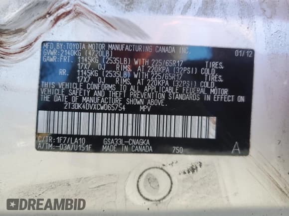 ✅ 2012 Toyota RAV4 Limited • VIN: 2T3DK4DVXCW065754 • Lot: 87243235. Listed on Copart with 230,792 mi. Free auction sales archive from the USA and detailed vehicle history report at DreamBid. Image 14.