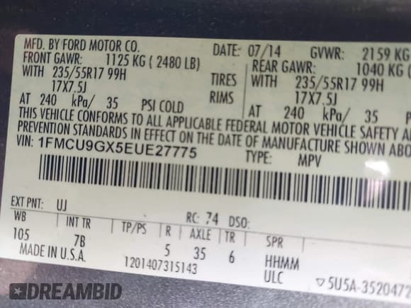 ✅ 2014 Ford Escape SE • VIN: 1FMCU9GX5EUE27775 • Лот: 43655708. Опубликован ранее на IAAI с пробегом 144 556 миль. Бесплатный доступ к архиву аукционных продаж из США и подробный отчёт об истории автомобиля на DreamBid. Изображение 9.